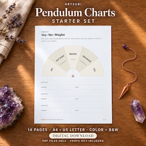 May include: A white paper sheet titled HRYSURI Pendulum Charts Starter Set featuring a semi-circular Yes, No, Maybe chart with sections for Not Now, Maybe, and Rephrase. Below are lines for Question, Answer, and Date. The text includes 14 Pages, A4 + US Letter, Color + B&W, Digital Download, PDF Files Only, Props Not Included.