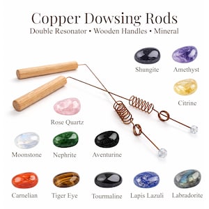 May include: Image of copper dowsing rods with wooden handles and various gemstones, including Rose Quartz, Moonstone, Nephrite, Aventurine, Shungite, Amethyst, Citrine, Carnelian, Tiger Eye, Tourmaline, Lapis Lazuli, and Labradorite.