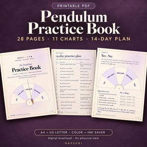 Pendulum Charts Printable Practice Book, Yes No Pendulum Board PDF, Dowsing Charts with Questions, 14-Day Beginner Plan, US Letter + A4
