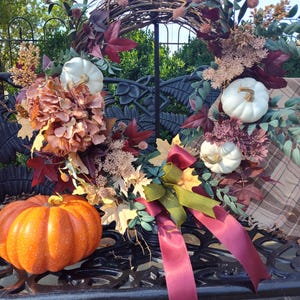 Fall wreath 18&quot; fall grapevine wreath rose burgundy sage ivory rose hydrangea wreath pumpkin autumn floral grapevine wreath fall door decor
