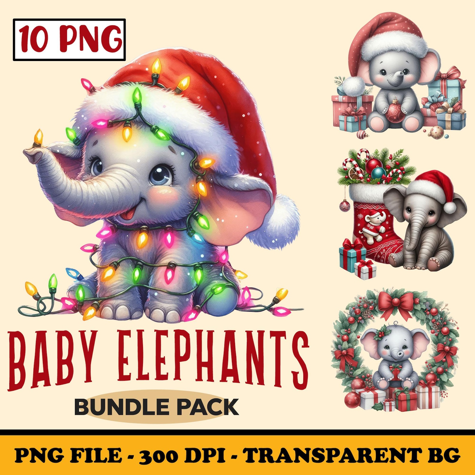 Christmas Elephants Clipart, Baby Elephants With Santa Hat, Cute Baby ...