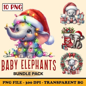 Clipart di elefanti di Natale, elefantini con cappello da Babbo Natale, simpatico elefante PNG a sublimazione, animale festivo, file digitale per la creazione di biglietti