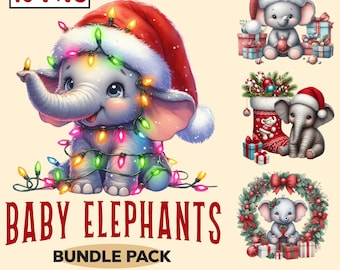 Christmas Elephants Clipart, Baby Elephants With Santa Hat, Cute Baby Elephant PNG Sublimation, Festive Animal, Card Making Digital File