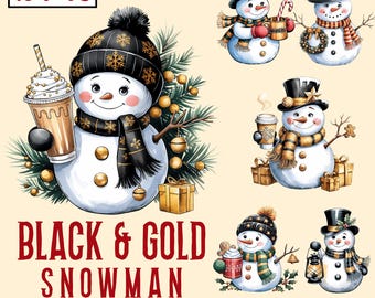 Schwarz und Gold Schneemann Clipart, Aquarell Kaffee trinken Schneemann PNG, Winter Weihnachten Urlaub Sublimation, süßer Schneemann, digitale Datei