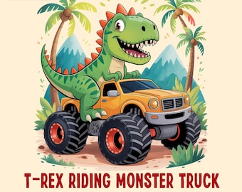 Watercolor T-Rex Riding Monster Truck Clipart, Cute Dinosaur T-rex PNG, Dino Truck Sublimation Design For Shirts Tumblers Crafts, Digital