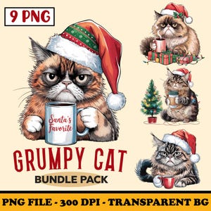 Clipart chat café grincheux, père Noël décalé avec du café PNG, sublimation de chat du matin amateur de café, vacances de Noël, chat persan Maine coon