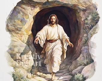 17 Resurrection of Jesus Clipart, Watercolor Easter JPG, Jesus Risen Emerging From Tomb, Christian Bible Printable Junk Journal Scrapbooking