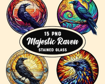 Crow Stained Glass Raven Clipart, Dark Fantasy Gothic Majestic Ravens PNG, Crow Bird Sublimation, Faux Stained Glass Design, Digital File