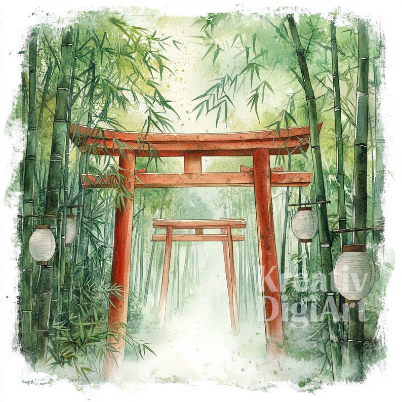 12 Bamboo Torii Gate Clipart, Japanese Forest Landscape JPG, Watercolor ...