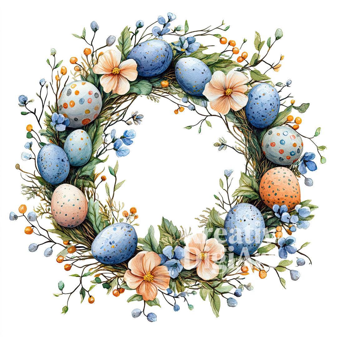 12 Easter Wreath Clipart, Watercolor Spring Floral Egg Wreath JPG ...