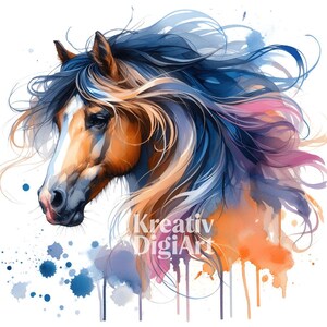 Watercolor Horse Portrait Clipart, Equine Art, Horse Painting JPG, Equestrian Clip Art, Junk Journal, Paper Craft, Scrapbook Digital Bundle