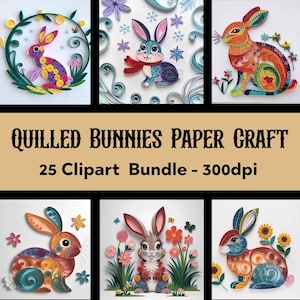 Clipart di coniglietti quilling, diario di carta con conigli quilling, clipart colorate, carta digitale per coniglietti pasquali quilling, scrapbooking