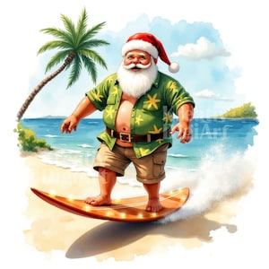4+++ Tropical Santa Claus Clipart, Watercolor Surfing Santa JPEG, Summer Beach Christmas, Santa in Hawaii Scrapbooking, Card Making Digital