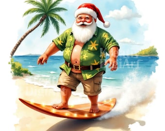May include: Watercolor illustration of Santa Claus surfing on a wooden surfboard at the beach. He wears a red Santa hat, green Hawaiian shirt, and khaki shorts. The background features a palm tree, ocean, and blue sky.