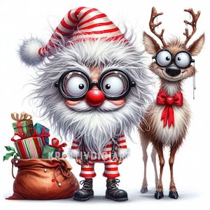 Clipart eigenzinnige kerstman en rendier, eigenzinnig rendier JPG, aquarel grappig grappig rendiergezicht JPG, scrapbooking, kaarten maken, digitaal bestand