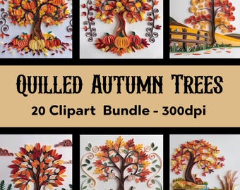 Quilling Autumn Trees Clipart, Quilled Pumpkin Tree Paper Craft Junk Journal, Nature Clip Art, Fall Season Digital Paper Cut, Scrapbooking