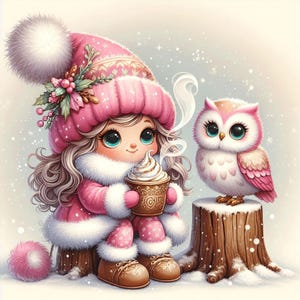 Fille nain d'hiver et clipart hibou, rose au pays des merveilles de l'hiver, harfang des neiges pastel JPG, bébé gnome mignon, fabrication de cartes de scrapbooking, fichier numérique