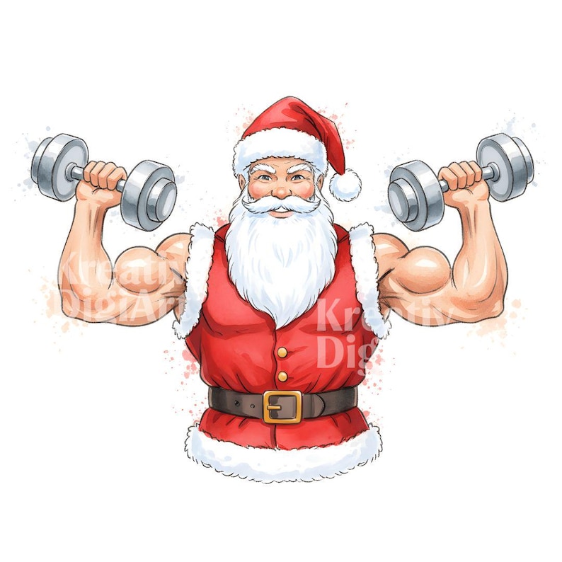 Swole Santa Clipart, Watercolor Muscular Santa Fitness Christmas JPG ...