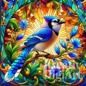 May include: A blue jay bird with a crest on its head is perched on a branch in a stained glass style illustration. The bird is surrounded by colorful flowers and leaves.