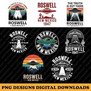 May include: Set of 10 digital designs featuring a UFO, mountains, and the text "Roswell, New Mexico". The designs are in various styles, including a retro sunset, a black and white illustration, and a design with stars and coordinates.