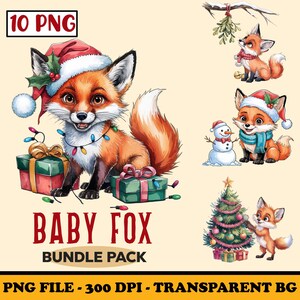 Clipart renard de Noël, aquarelle bébé renard avec bonnet de Noel, sublimation PNG de bébé mignon renard, animal festif, fichier numérique de fabrication de cartes de Noël