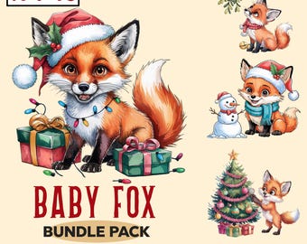 Christmas Fox Clipart, Watercolor Baby Fox With Santa Hat, Cute Baby Fox PNG Sublimation, Festive Animal, Xmas Card Making Digital File