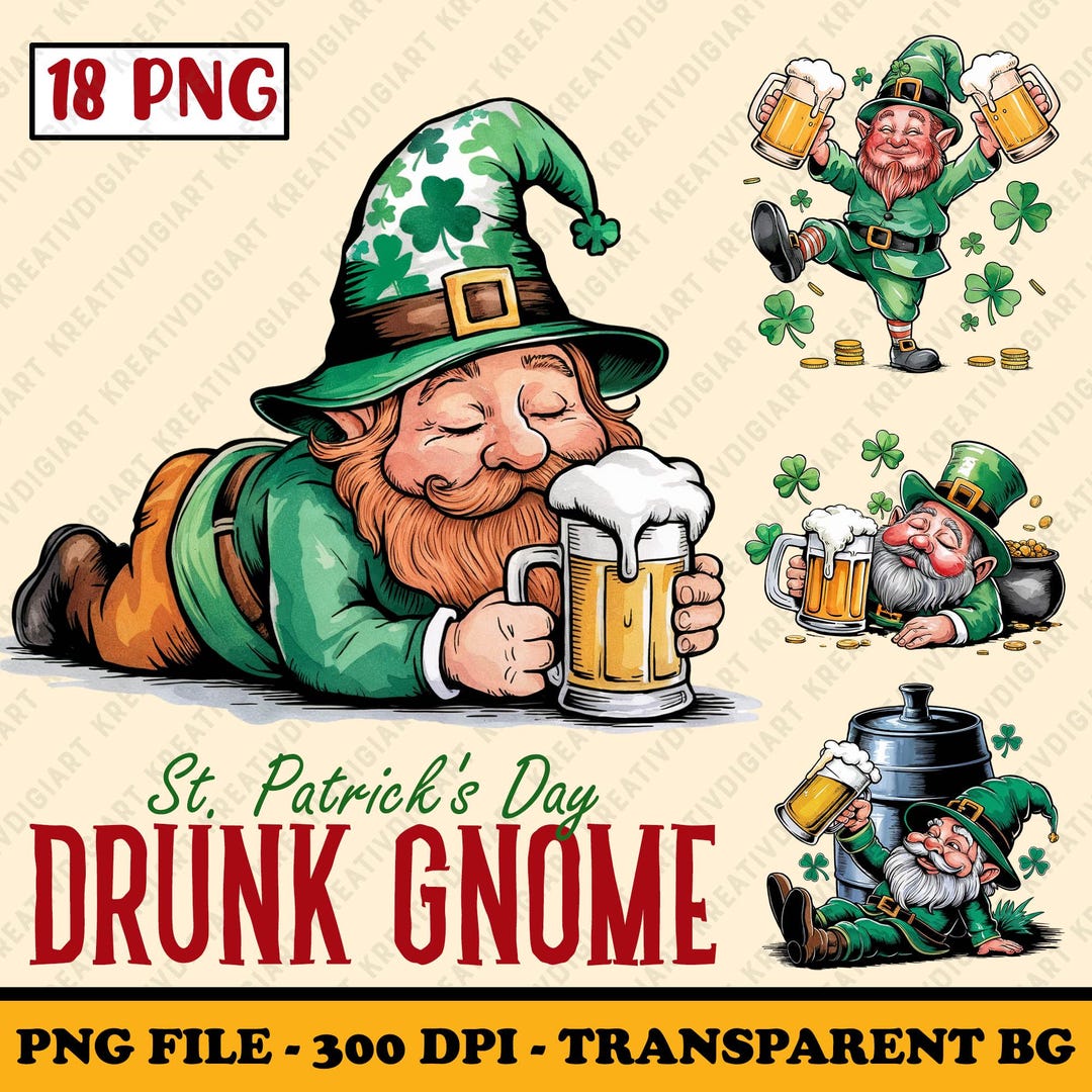 Drunk Gnome PNG, St. Patrick’s Day Funny Gnome Clipart, Watercolor ...