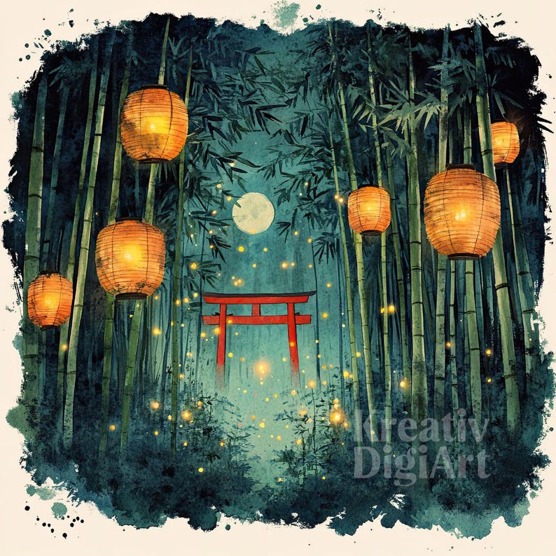 12 Bamboo Torii Gate Clipart, Japanese Forest Landscape JPG, Watercolor ...