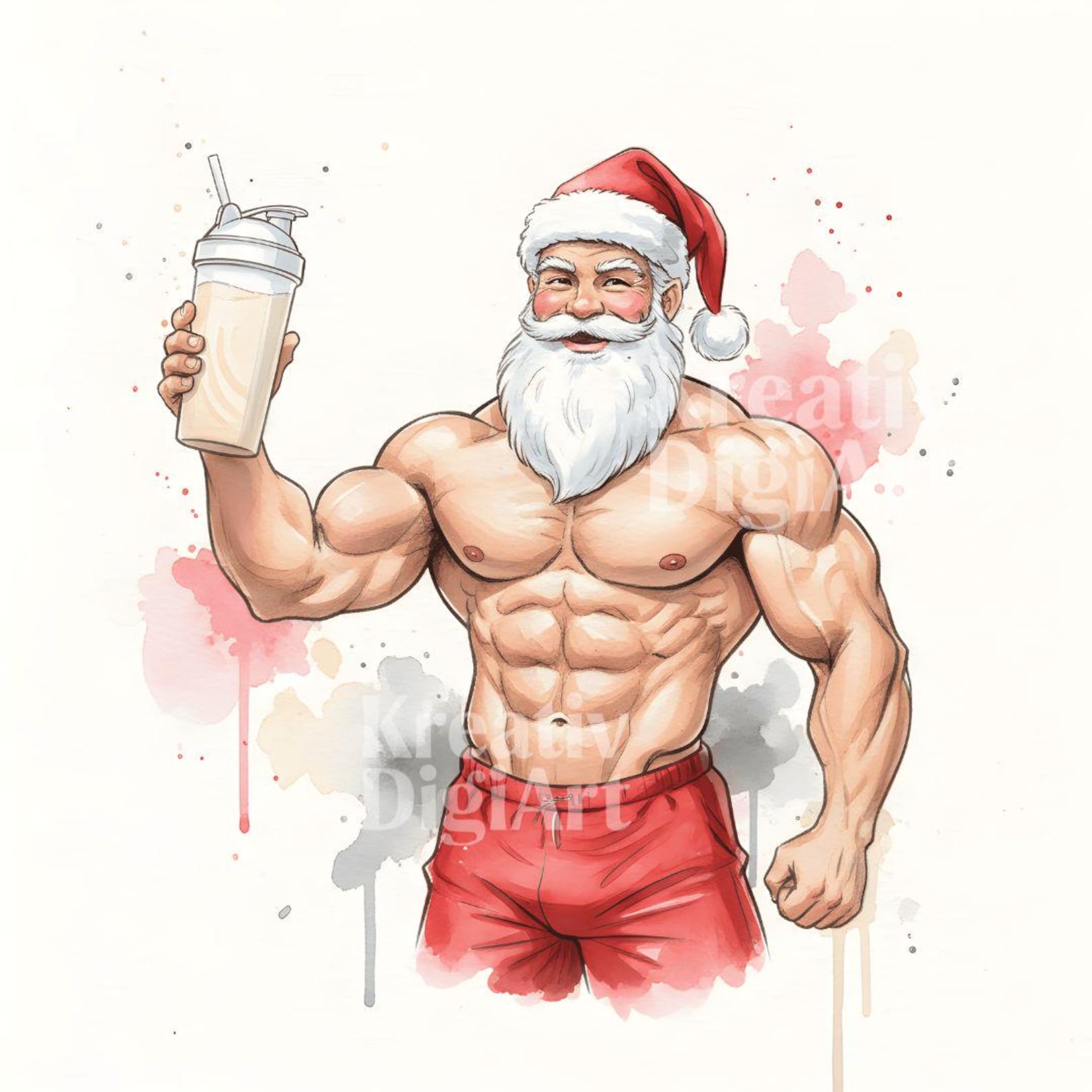 Swole Santa Clipart, Watercolor Muscular Santa Fitness Christmas JPG ...