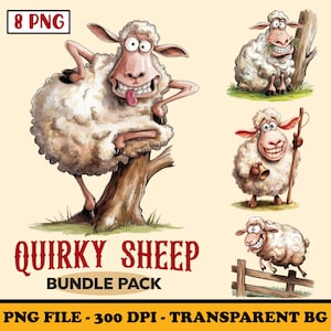Pacchetto di clipart di pecore divertenti, PNG di pecore stravaganti in sublimazione, clipart di animali da fattoria sciocchi in acquerello, design di cartoni animati, creazione di biglietti, file digitale