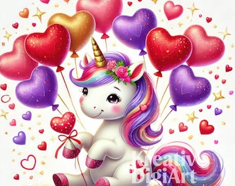 Valentine Baby Unicorn Clipart, Valentine&#39;s Day Cupid Unicorn Heart Balloons JPG, Whimsical Fantasy, Card Making, Scrapbook Paper Craft