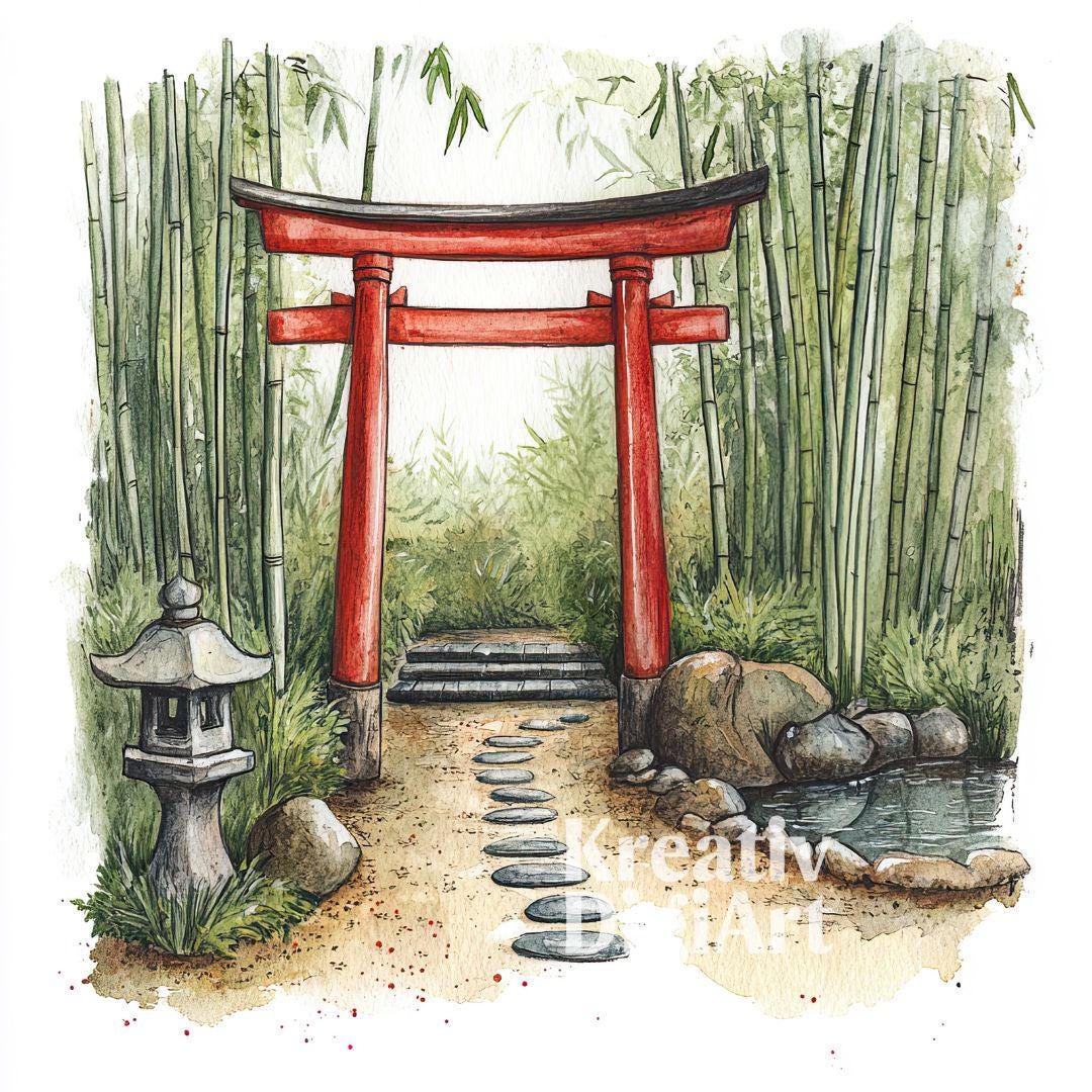 12 Bamboo Torii Gate Clipart, Japanese Forest Landscape JPG, Watercolor ...