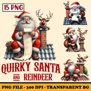 Clipart de Papai Noel e Rena Excêntricos, Engraçado Papai Noel em PNG Sublimação, Rena Excêntrica em PNG, Rosto Engraçado de Rena em Aquarela em PNG, Festivo