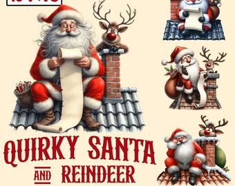 Quirky Santa And Reindeer Clipart, Funny Santa Claus Png Sublimation, Quirky Reindeer PNG, Watercolor Funny Silly Reindeer Face Png, Festive