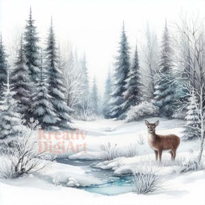 Watercolor Winter Forest Clipart, Snowy Forest Scene JPG, Winter In The Wild Clip Art, Winter Woodland, Scrapbooking Card Making, Digital
