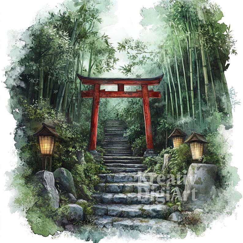 12 Bamboo Torii Gate Clipart, Japanese Forest Landscape JPG, Watercolor ...
