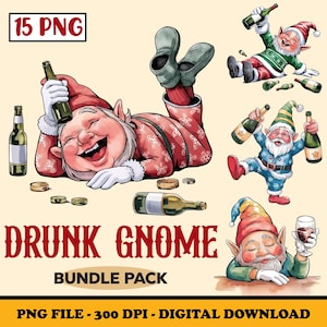 Gnomo de vino Clipart, Gnomo borracho divertido PNG, Sublimación de gnomo bebedor, Gnomo amante del vino tinto de acuarela imprimible, Manualidad de papel, Archivo digital