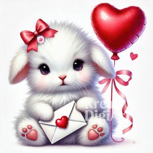 Clipart de animales bebés de San Valentín, lindos animales sosteniendo globos con forma de corazón, paquete JPG de corazón rojo, diario basura, álbum de recortes, creación de tarjetas, manualidades de papel
