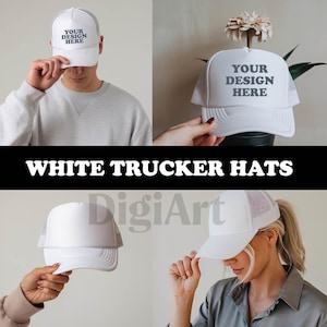 4 White Trucker Hat Mockup Bundle, Otto Cap Beach Hat, Mesh Foam Trucker Cap Photo Mock-up Bundle, Male and Female Models, Digital Download