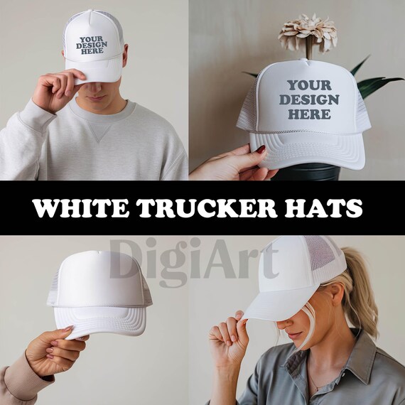 4 White Trucker Hat Mockup Bundle, Otto Cap Beach Hat, Mesh  display picture 1