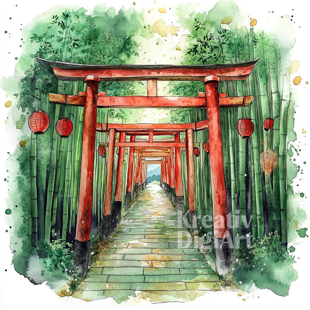 12 Bamboo Torii Gate Clipart, Japanese Forest Landscape JPG, Watercolor ...