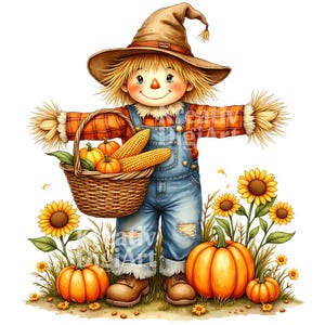 Watercolor Cute Scarecrow Clipart, Fall Harvest Autumn Pumpkins Sunflowers Leaves, Farmhouse Thanksgiving Decor, Scrapbook, Junk Journal