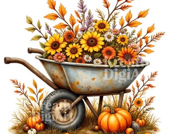 Autumn Wheelbarrow Floral Clipart, Fall Harvest Autumn Pumpkins Sunflowers Leaves, Farmhouse Thanksgiving Decor, Scrapbook, Junk Journal