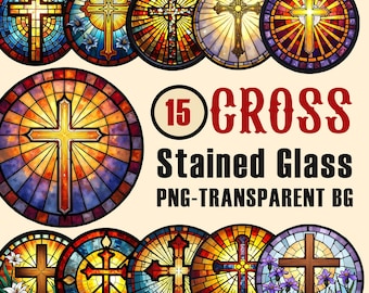 Cross Stained Glass Clipart, Christian Digital Art PNG Sublimation, Religious PNG, Faux Stained Glass, Faith Clipart, Digital File Bundle