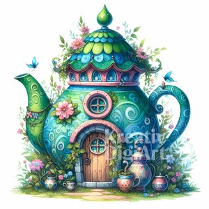 Clipart z Domkiem Czajnika Wróżek, Fantasy Cottage Core JPG, Przytulny Domek Wróżek Clipart, Wydrukowana Sztuka Fantasy, Dziennik Śmieci, Tworzenie Kartek, Cyfrowy