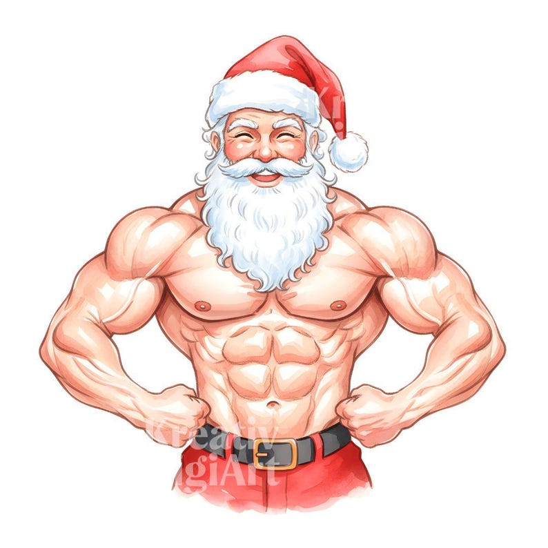 Swole Santa Clipart, Watercolor Muscular Santa Fitness Christmas JPG ...
