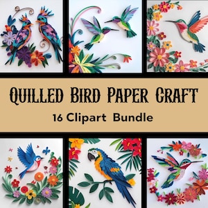 Quilling Birds Clipart, Quilled Bird Paper Crafts Junk Journal, Floral Paper Birds Colorful Clip Art, Digital Paper Quilling, Scrapbooking