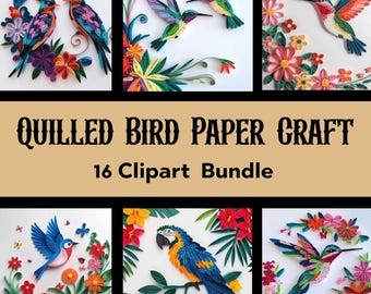 Quilling Birds Clipart, Quilled Bird Paper Crafts Junk Journal, Floral Paper Birds Colorful Clip Art, Digital Paper Quilling, Scrapbooking