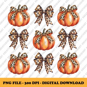 May include: Six digital illustrations of orange pumpkins with leopard print bows. The pumpkins are arranged in a grid pattern on a white background.