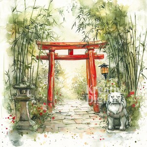 12 Bamboo Torii Gate Clipart, Japanese Forest Landscape JPG, Watercolor ...